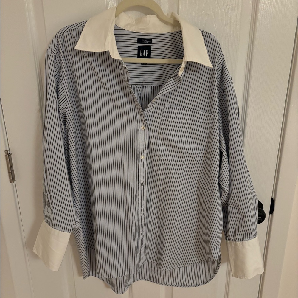 GAP Blue and White Striped Button-Down Shirt with White Collar